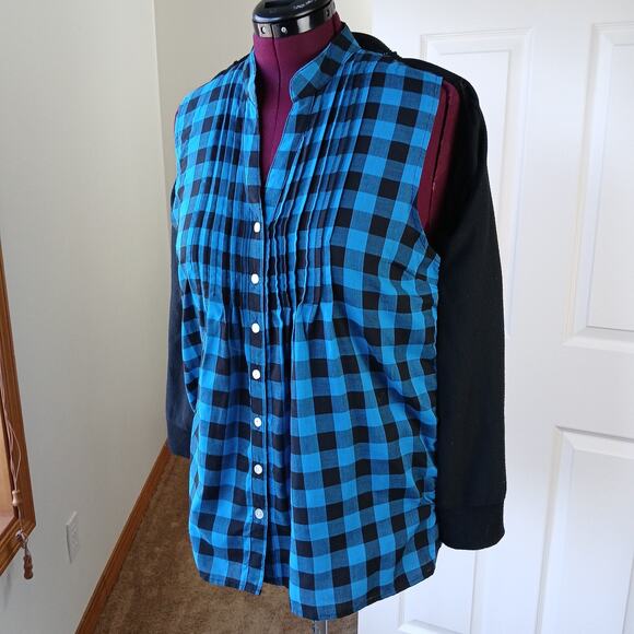 GNW Indigo Teal Layered Look Cardigan Blouse L plaid pintuck tunic roll sleeve - Picture 6 of 16